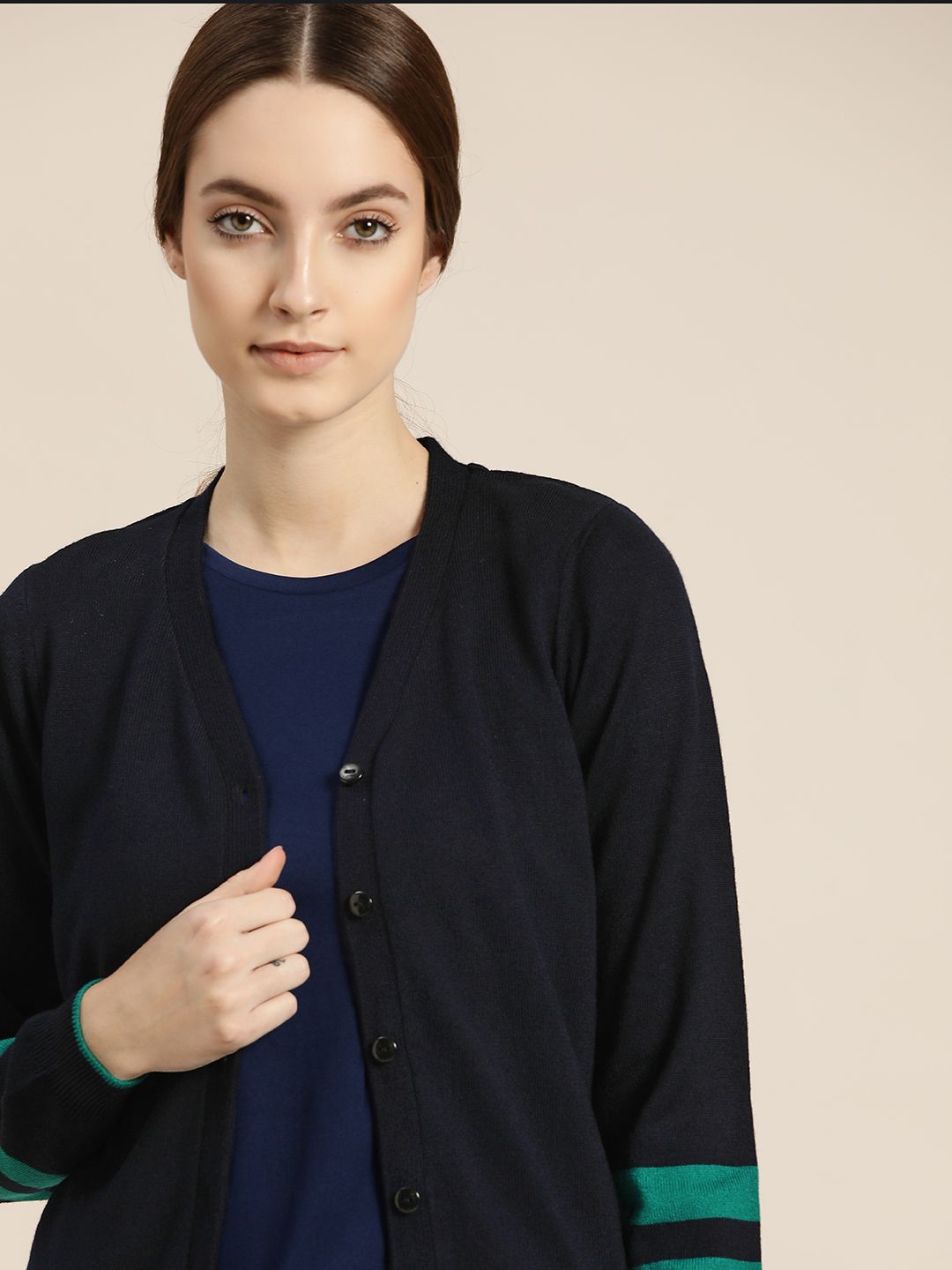 ether Women Navy Blue Solid Acrylic Cardigan Price in India