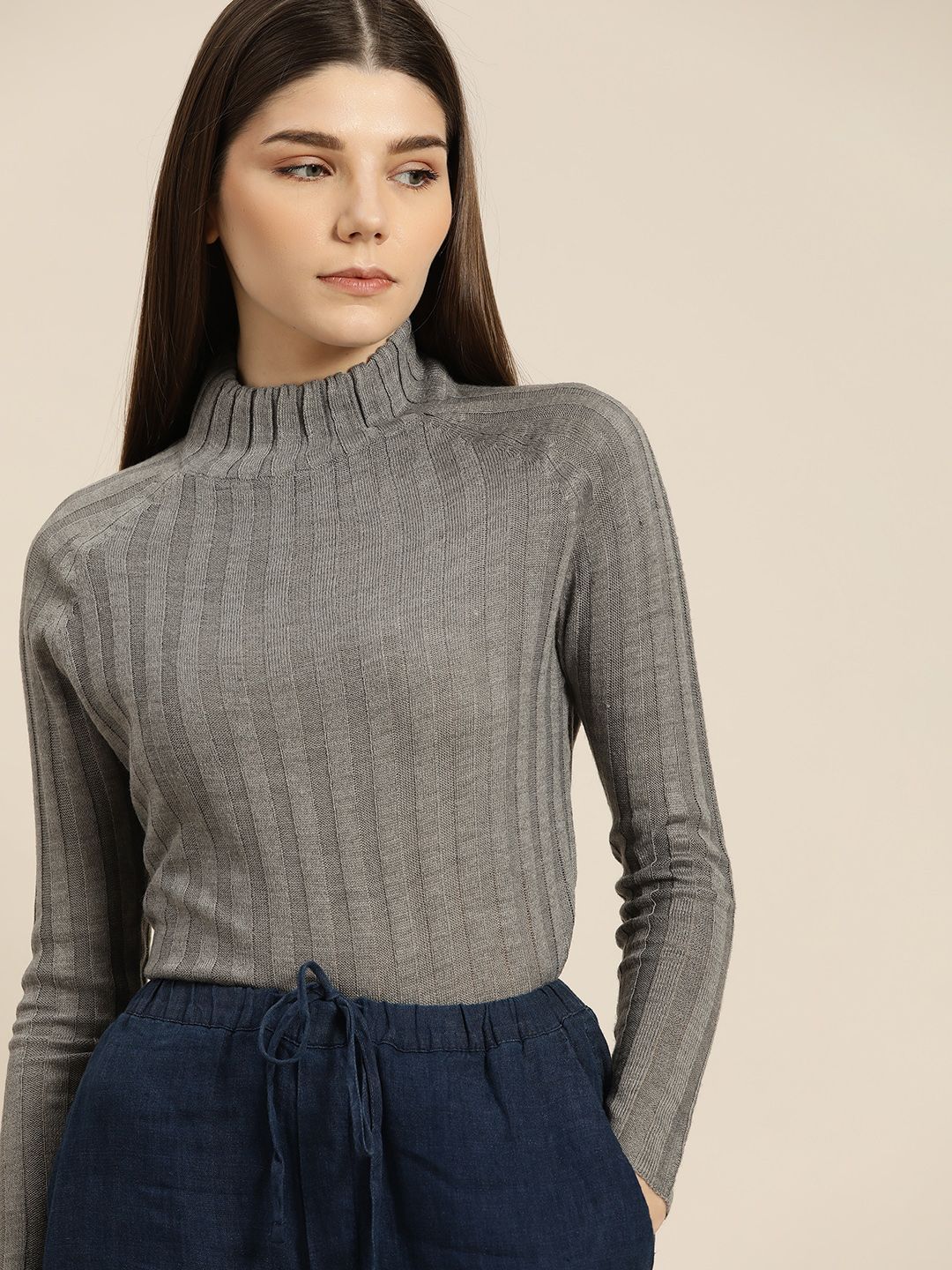 ether Women Grey Melange Self Design Striped Pullover Price in India