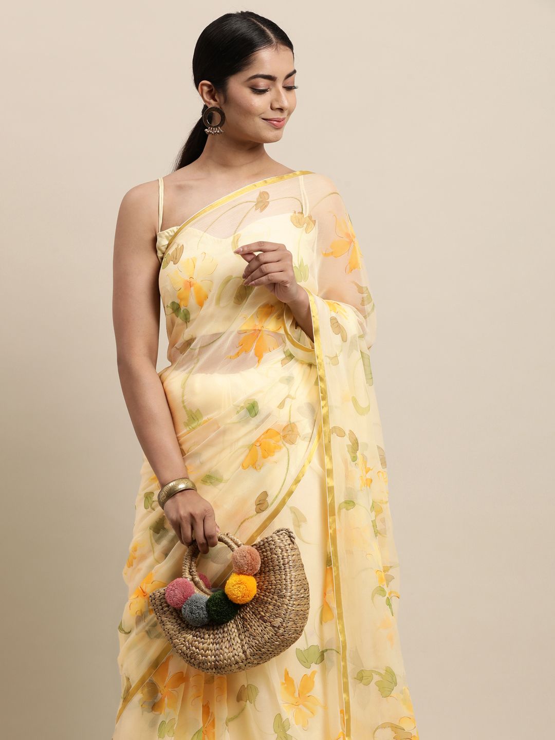 Geroo Jaipur Yellow Floral Pure Chiffon Saree Price in India