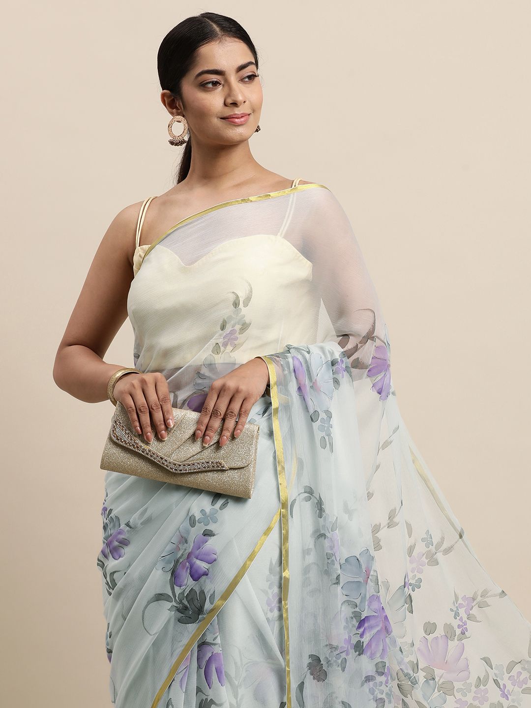 Geroo Jaipur Grey Floral Pure Chiffon Saree Price in India