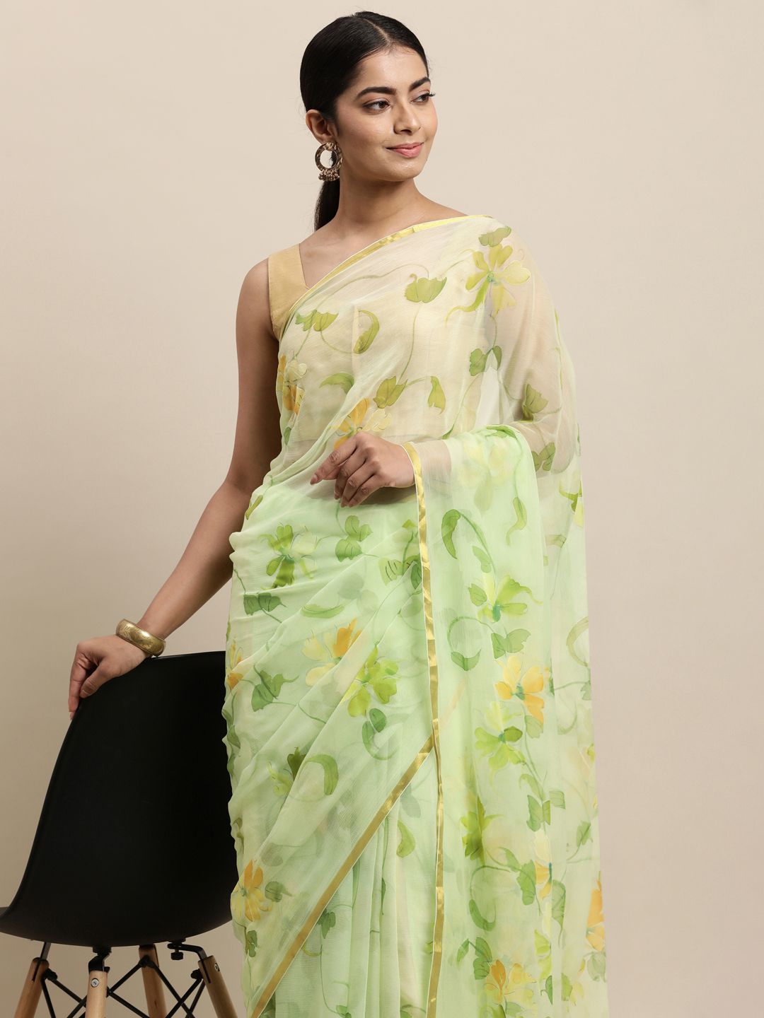 Geroo Jaipur Green Floral Pure Chiffon Saree Price in India