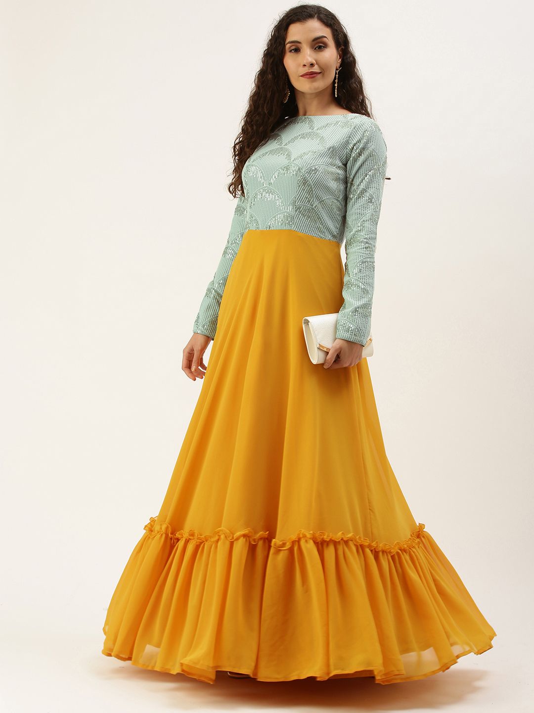 EthnoVogue Yellow & Green Georgette Flared Hem Maxi Dress Price in India