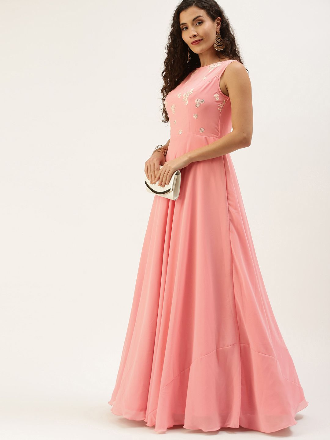 EthnoVogue Pink Floral Georgette Embroidered Maxi Dress Price in India