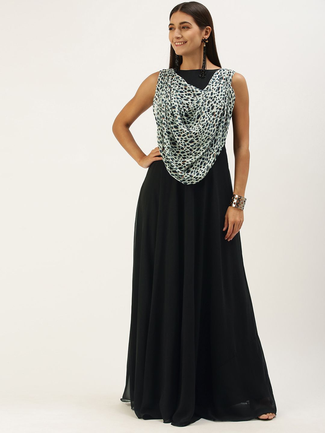 EthnoVogue Black Animal Layered Georgette Maxi Dress Price in India