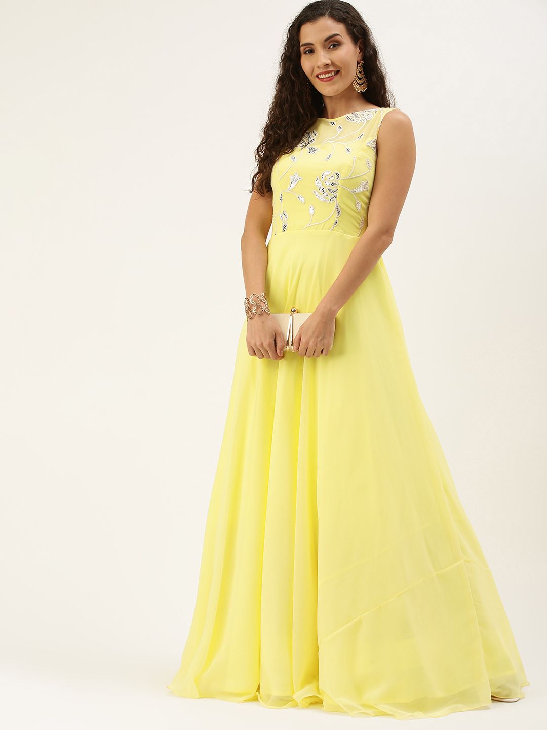 EthnoVogue Yellow Floral Layered Embroidered Georgette Maxi Dress Price in India