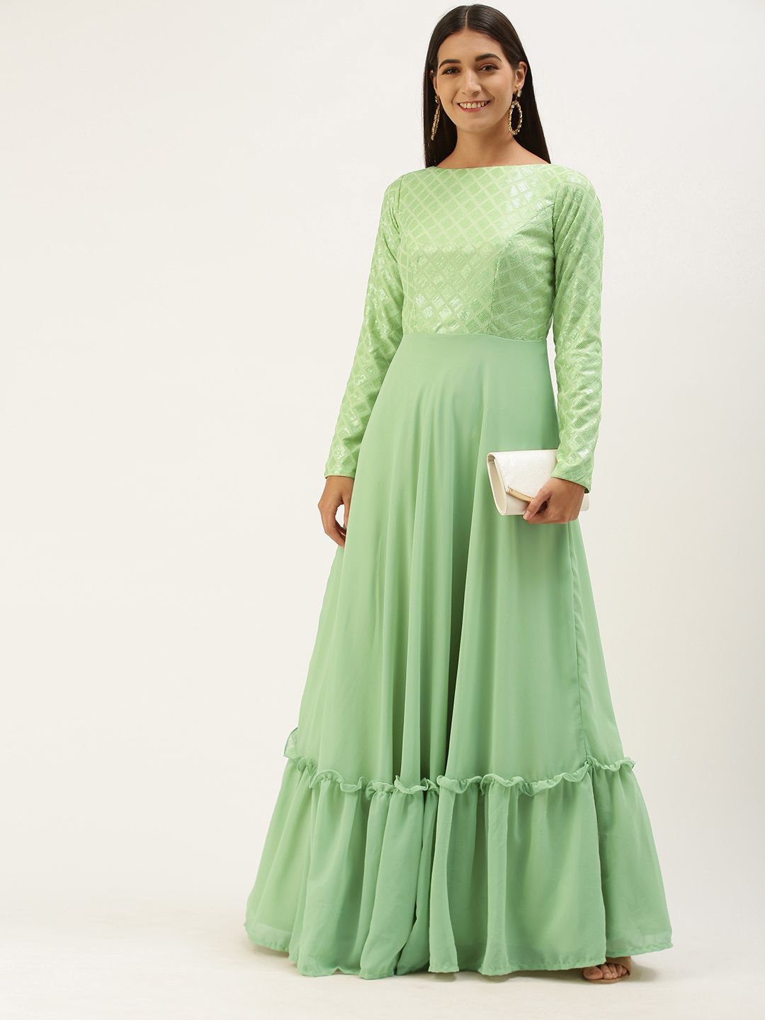 EthnoVogue Green Georgette Flared Hem Maxi Dress Price in India