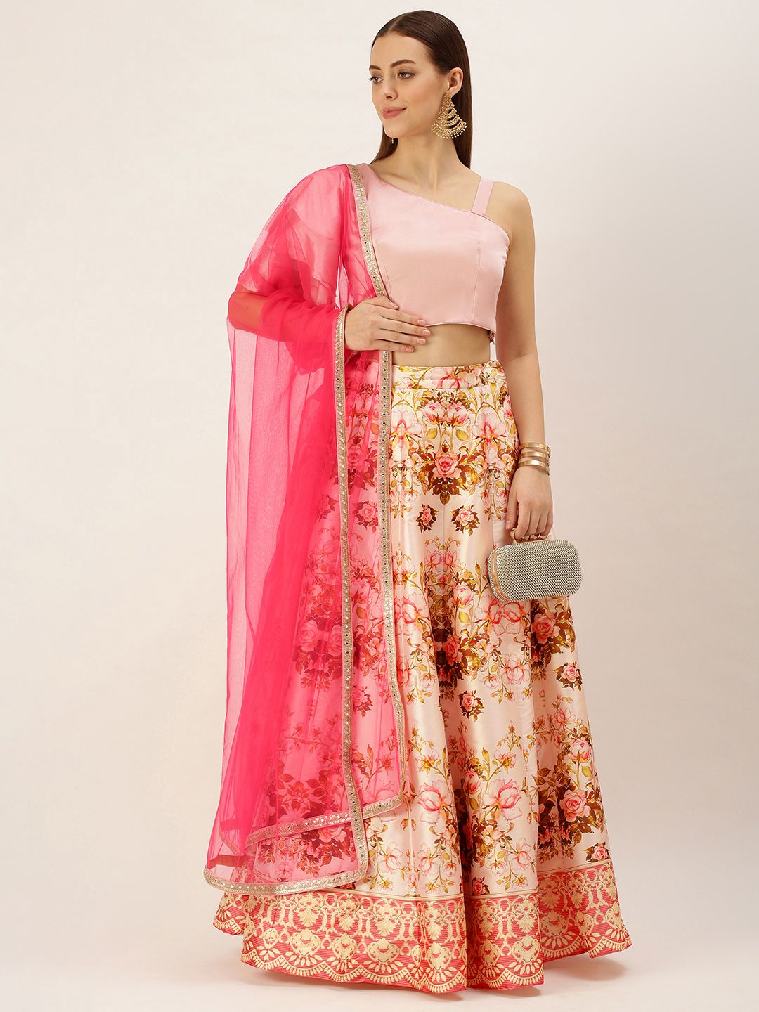 EthnoVogue Pink & Brown Made to Measure Printed Lehenga & Blouse With Dupatta Price in India