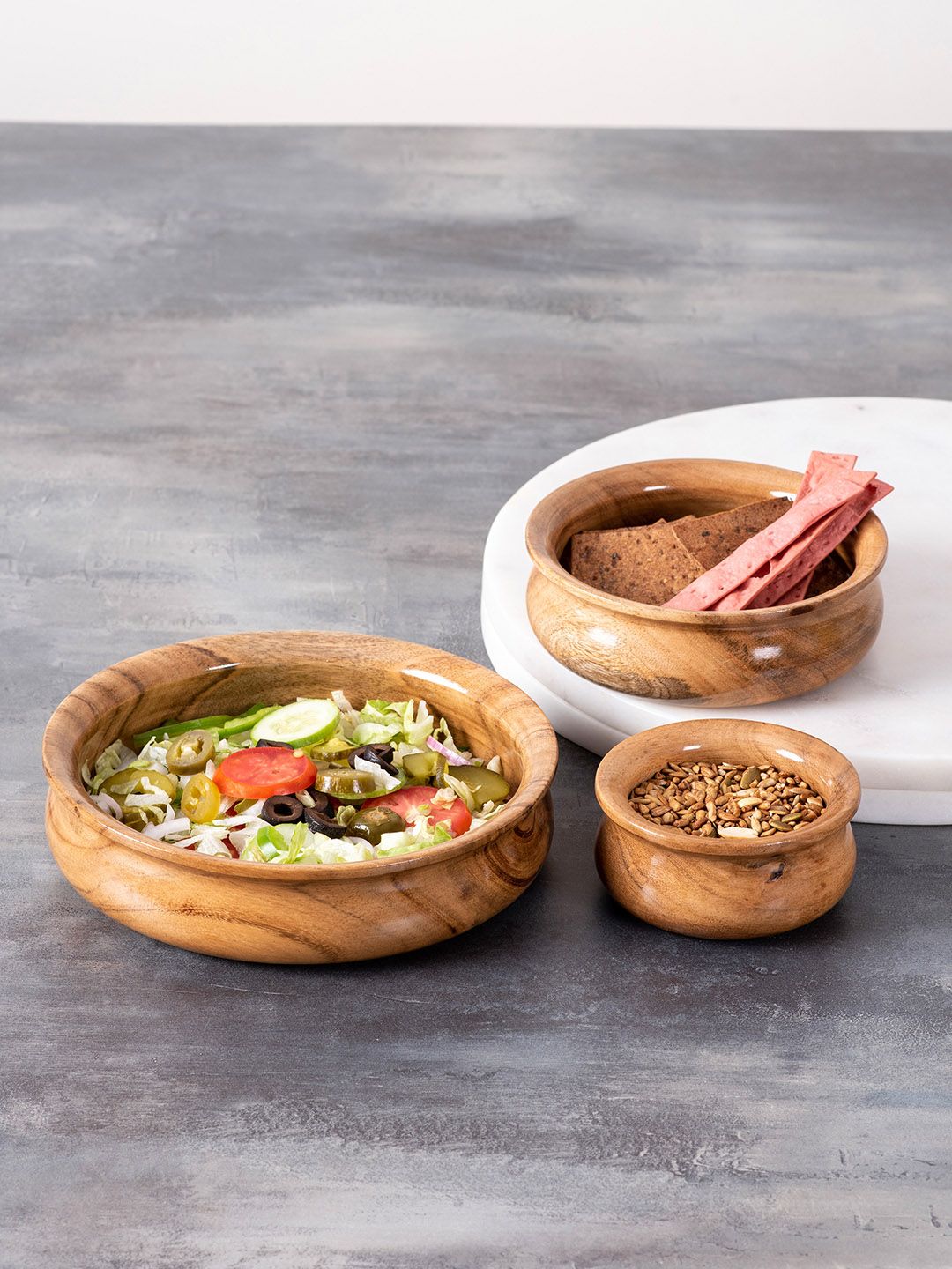 nestroots Set of 3 Brown Solid Wooden Serving Bowls Price in India