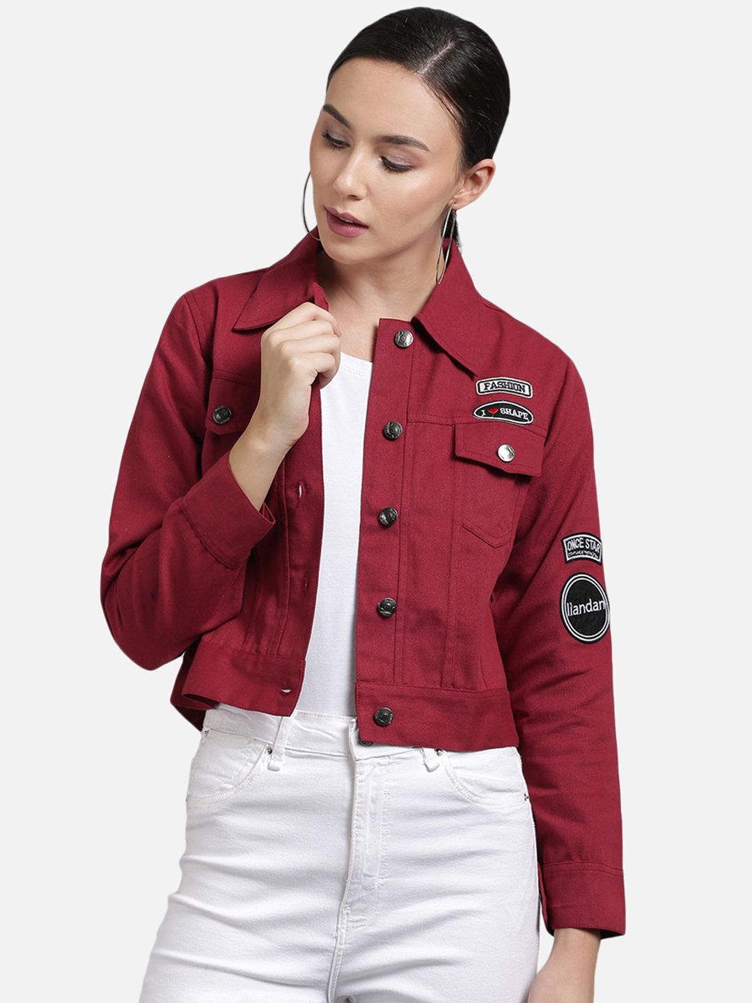 FurryFlair Women Maroon Crop Denim Jacket with Patchwork Price in India