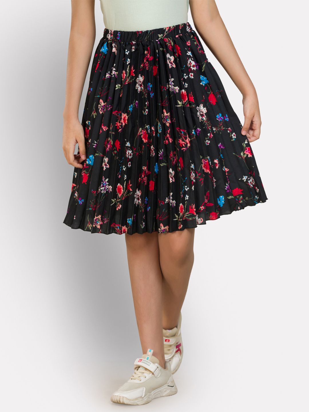 Uptownie Lite Girls Black Crepe Printed Pleated Skirt