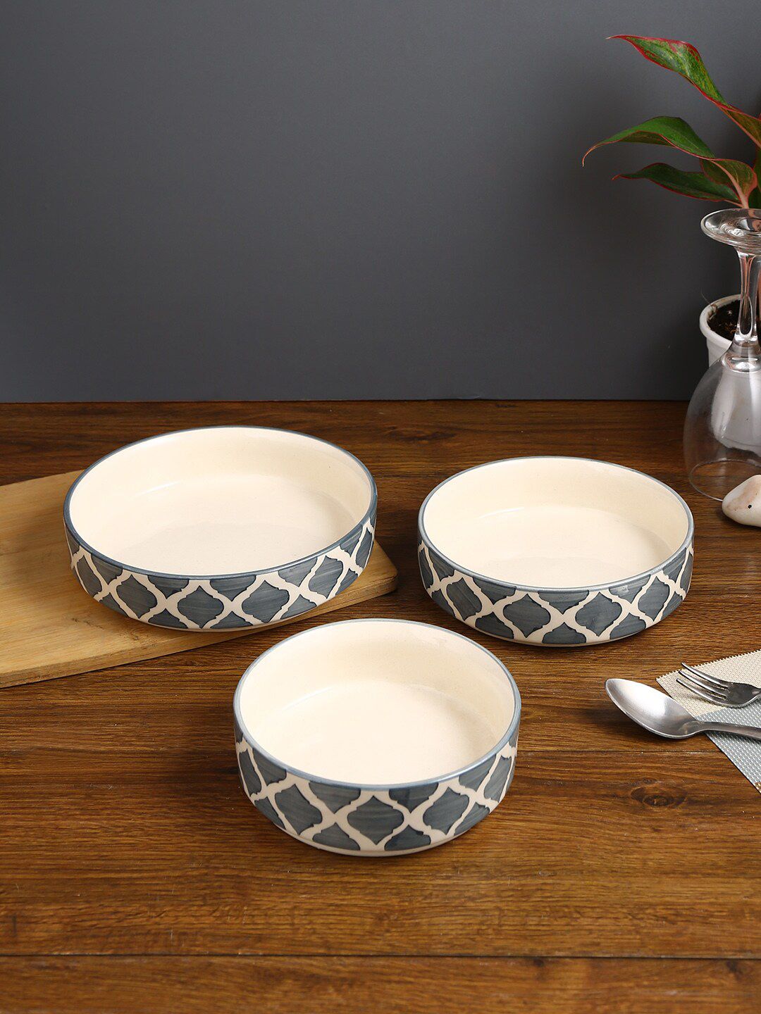 Aapno Rajasthan Set Of 3 Grey & White Printed Ceramic Bowls Price in India