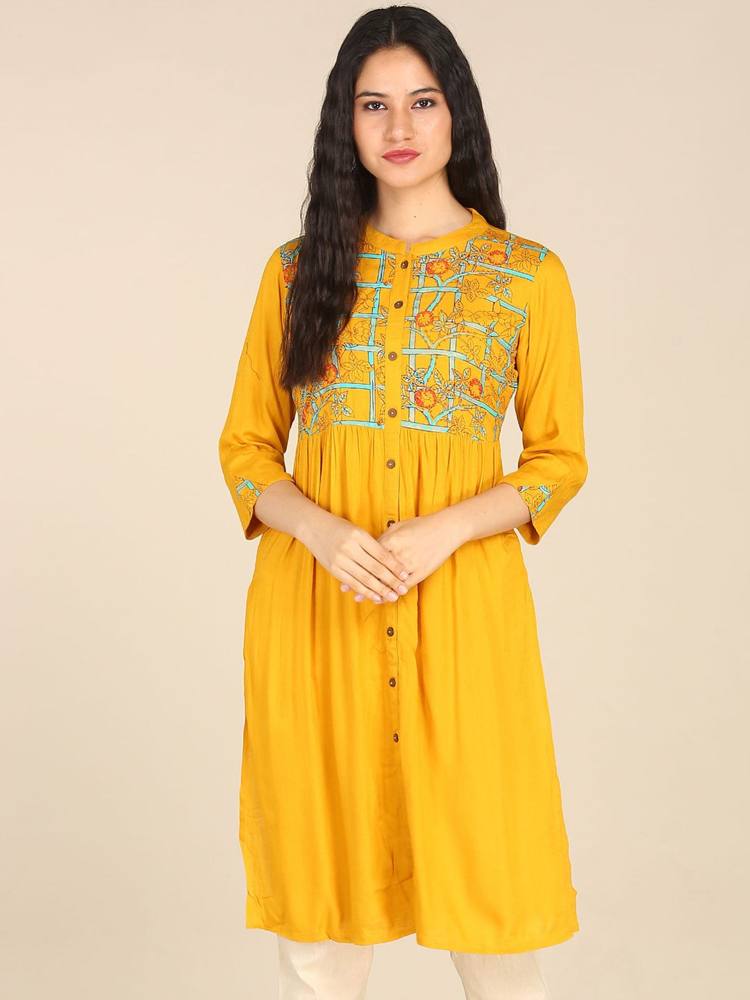 Karigari Women Yellow & Blue Floral Printed Mandarin Collar Cotton Kurta Price in India