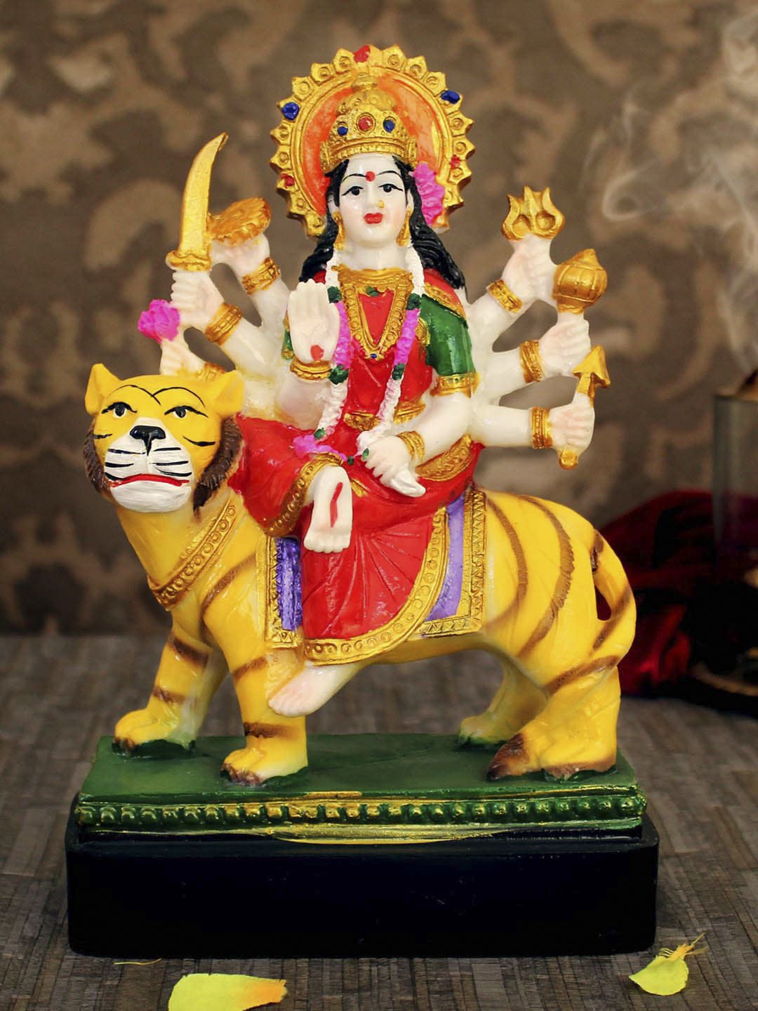 TIED RIBBONS Yellow & Red Nav Durga Devi Idol Showpiece Price in India
