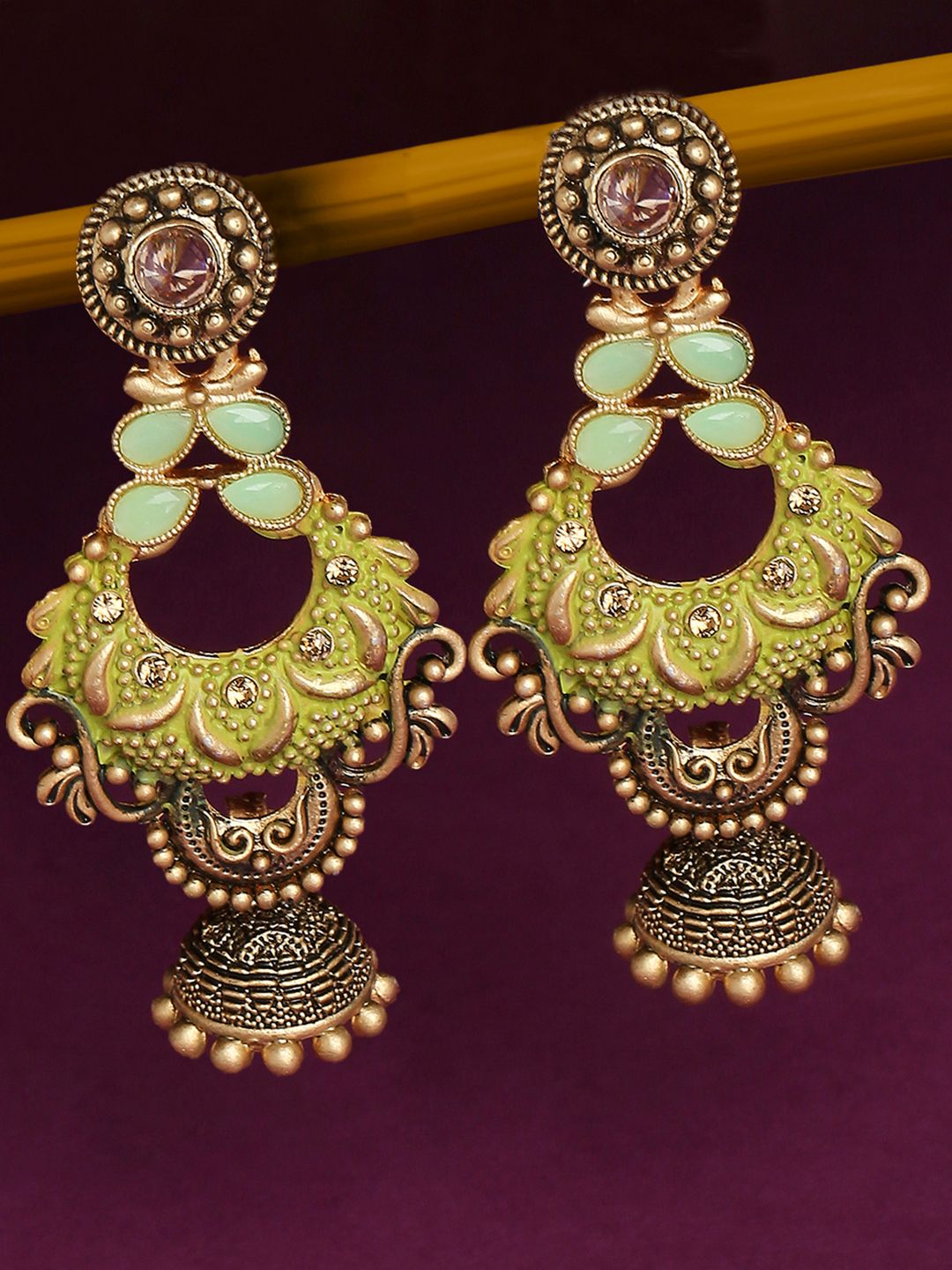 OOMPH Gold-Plated Gold-Toned Green Meenakari & Kundan Pearls Contemporary Jhumkas Earrings Price in India