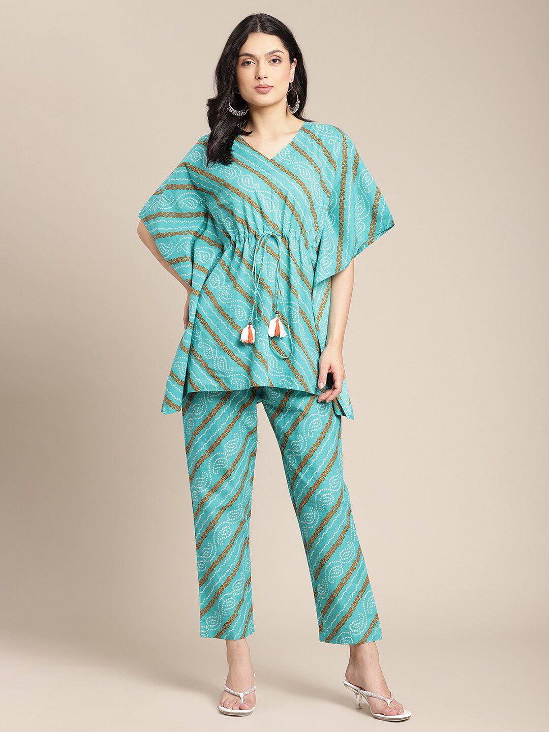 Varanga Women Turquoise Blue & Brown Printed Pure Cotton Kaftan With Trousers Price in India