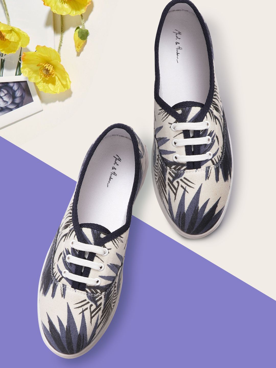 Mast & Harbour Women Navy Blue & Off-White Tropical Print Sneakers Price in India