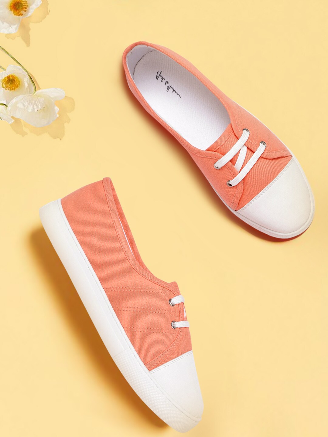 Mast & Harbour Women Peach-Coloured & White Solid Contrast Sole Sneakers Price in India