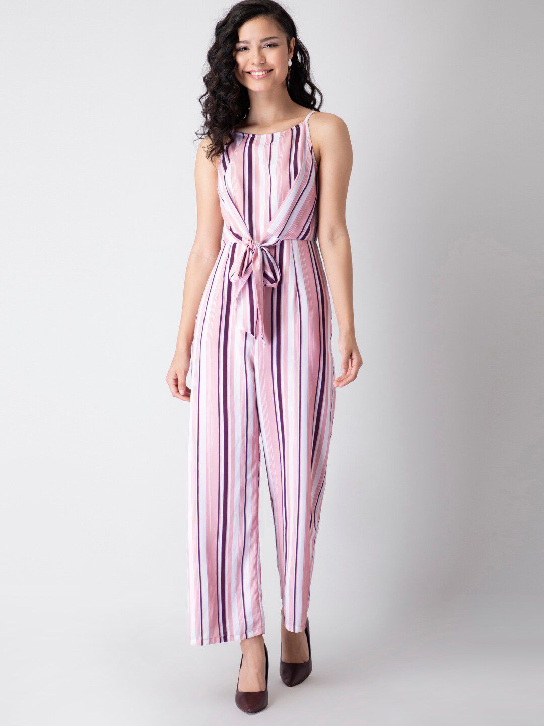 FabAlley Women Pink & White Striped Basic Jumpsuit with Waist Tie Ups Price in India