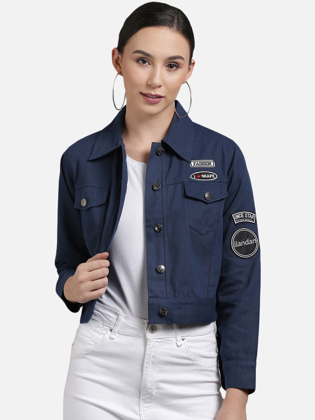 FurryFlair Women Blue Crop Denim Jacket with Patchwork Price in India