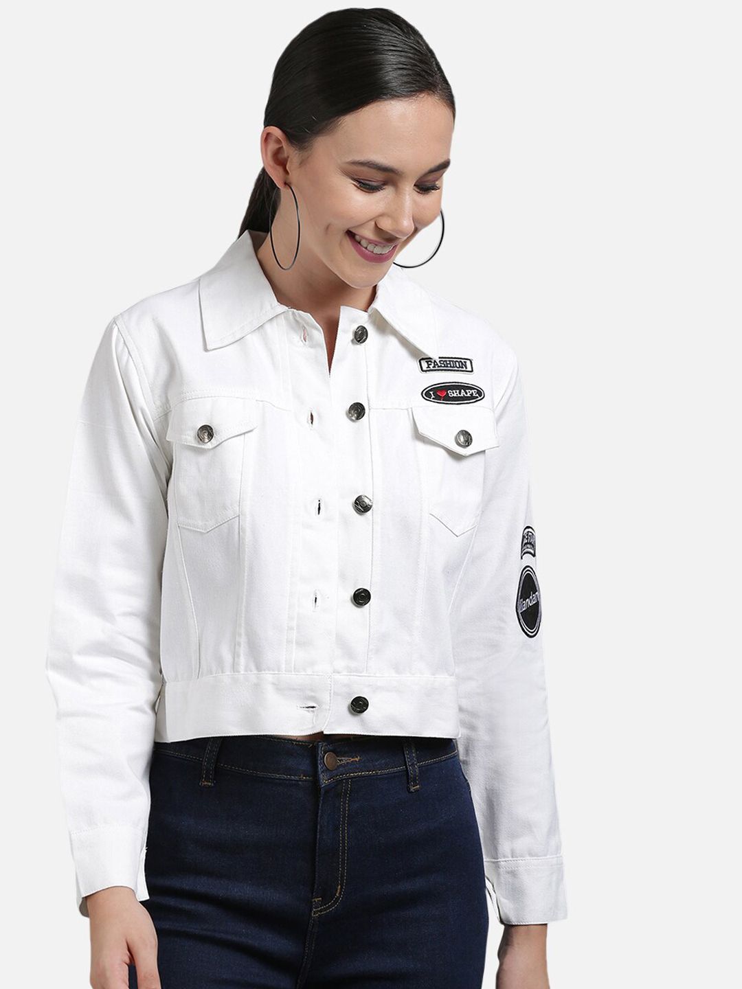 FurryFlair Women White Black Crop Denim Jacket with Patchwork Price in India