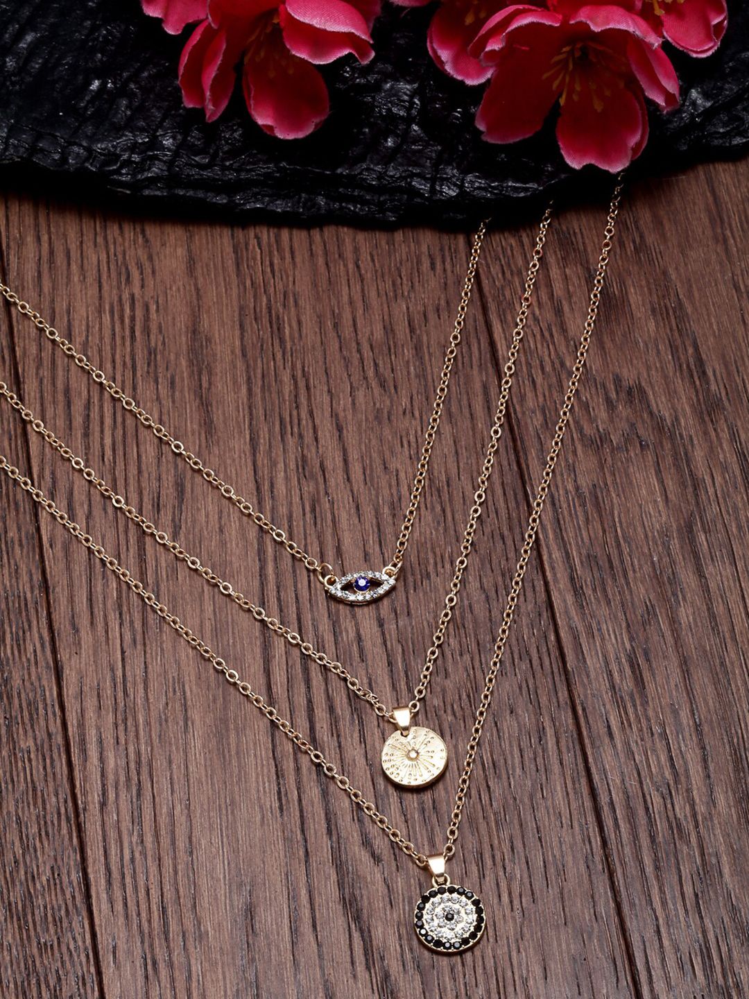 Ferosh Women Gold Tone Evil Eye Three Layered Necklace Price in India