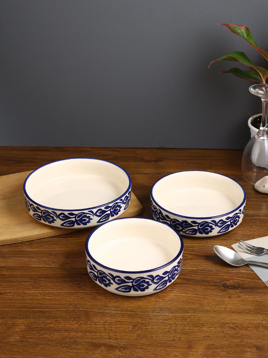 Aapno Rajasthan Set Of 3 Blue & White Patterned Serving Bowl Price in India