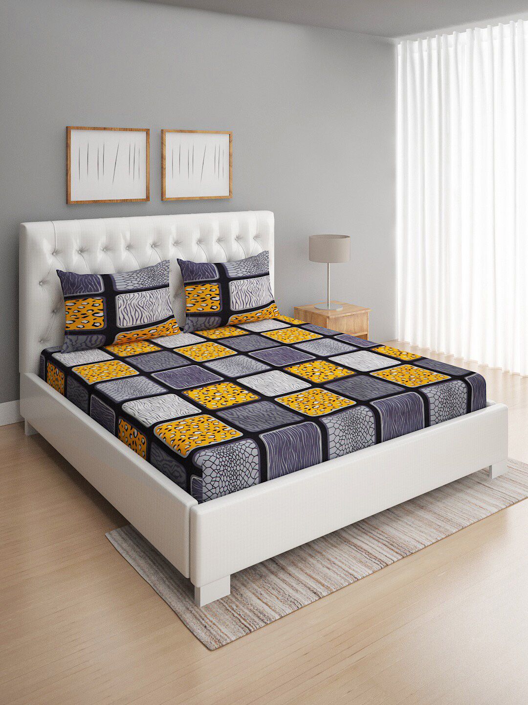 ROMEE Grey & Yellow 144 TC Cotton Queen Bedsheet with 2 Pillow Covers Price in India