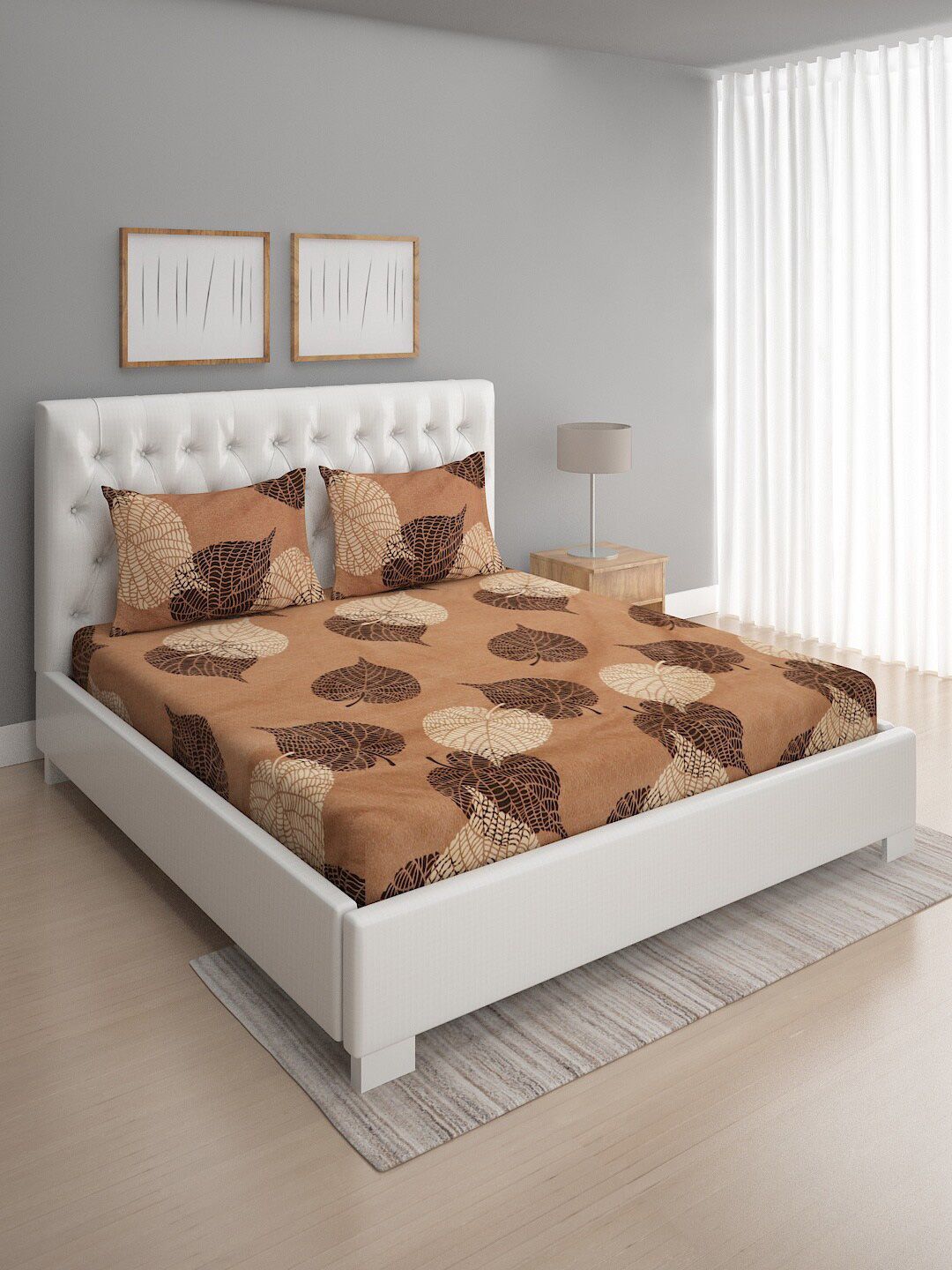 ROMEE Brown & Beige Floral 144 TC Cotton Queen Bedsheet with 2 Pillow Covers Price in India