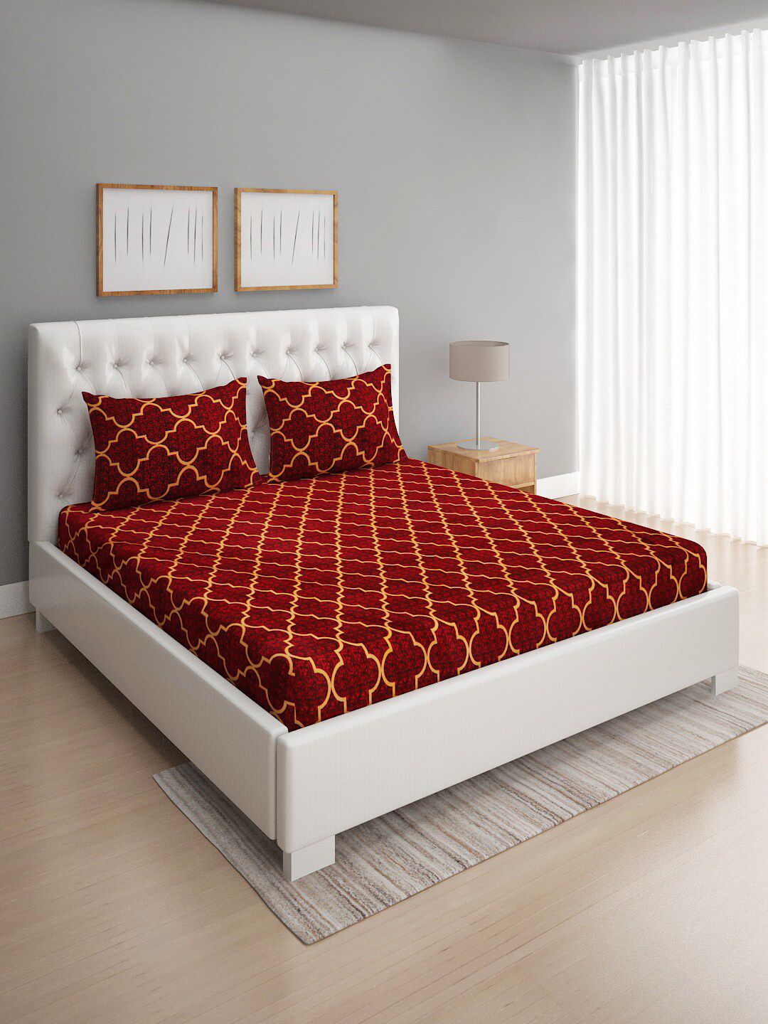 ROMEE Maroon & Yellow Geometric 144 TC Cotton Queen Bedsheet with 2 Pillow Covers Price in India