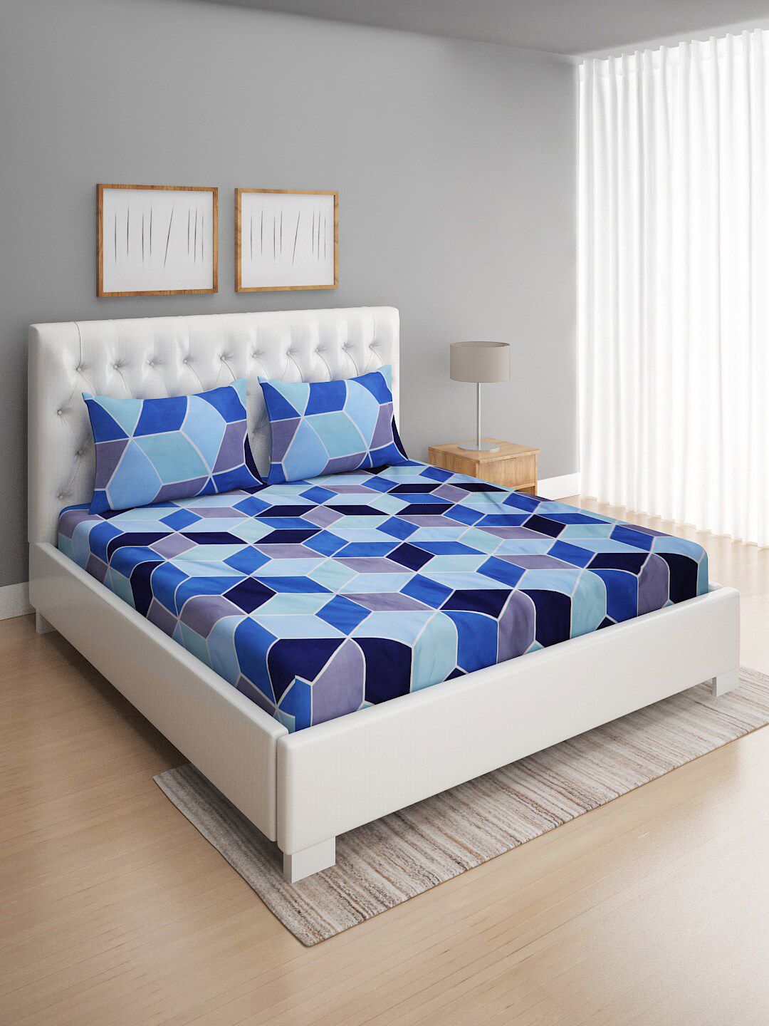 ROMEE Blue Geometric 144 TC Cotton Queen Bedsheet with 2 Pillow Covers Price in India