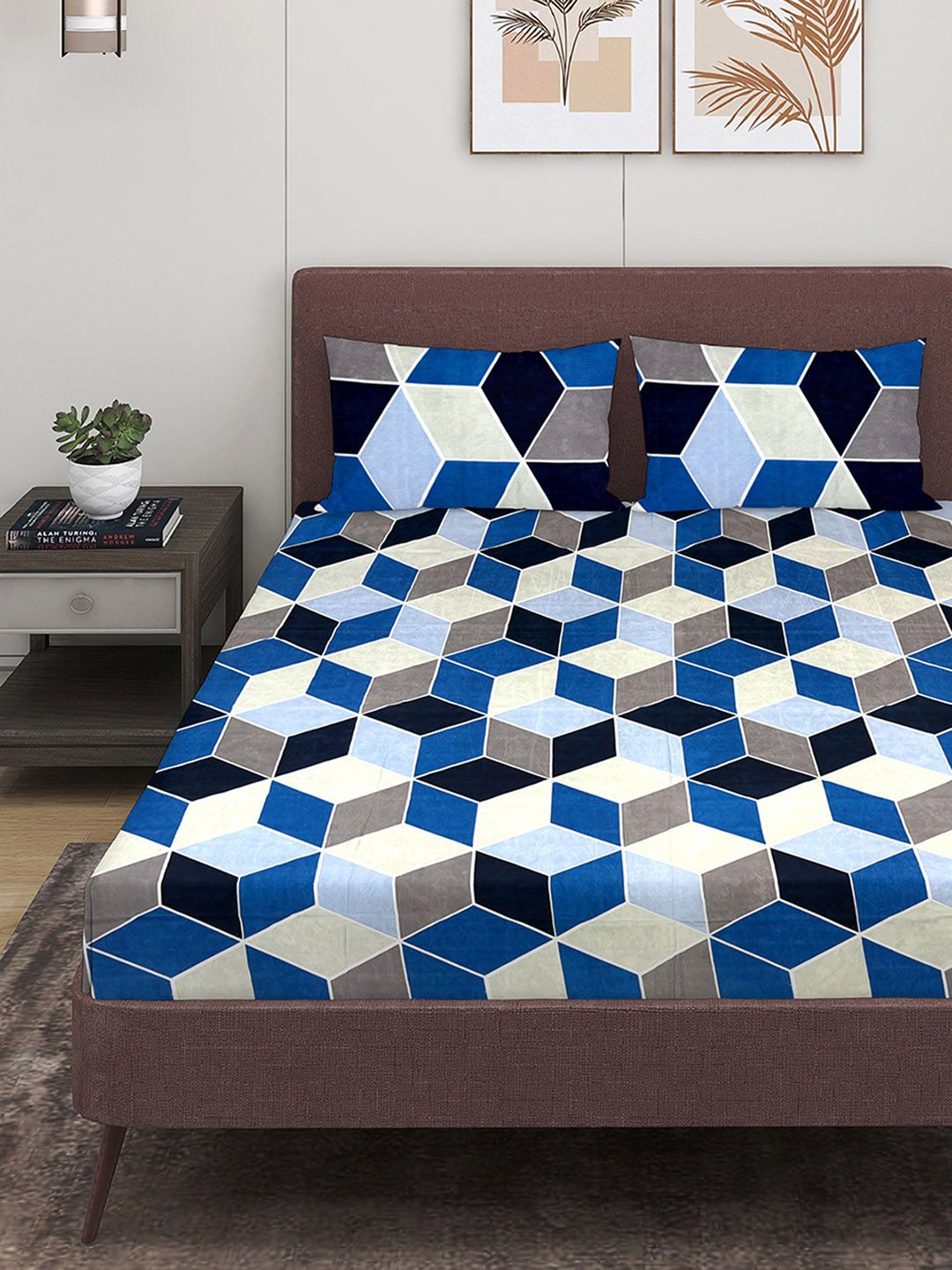 ROMEE Blue Geometric Microfiber 144 TC Queen Fine Bedsheet with 2 Pillow Covers-224 x 241 cm
