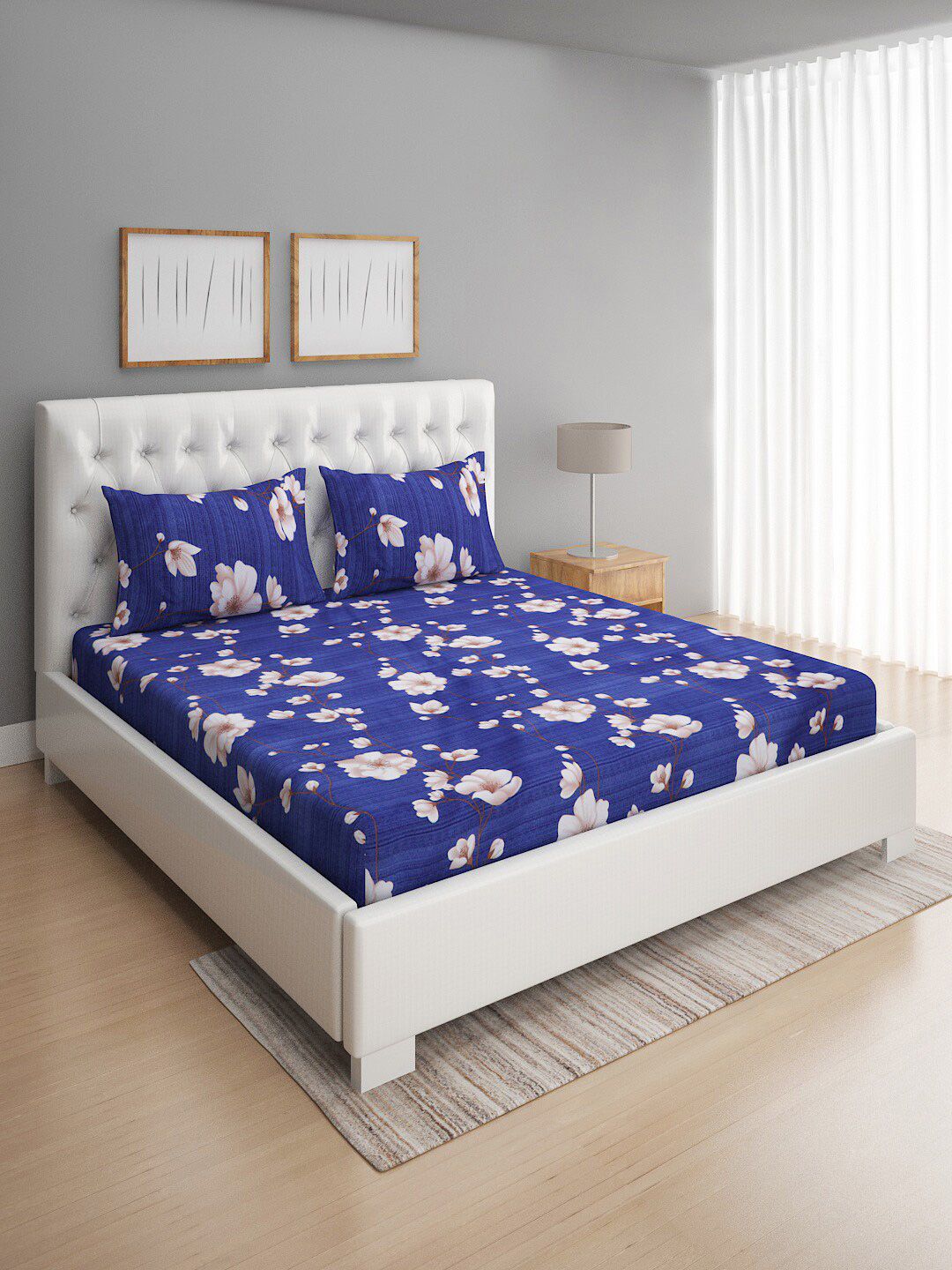 ROMEE Blue & White Floral 144 TC Cotton Queen Bedsheet with 2 Pillow Covers Price in India
