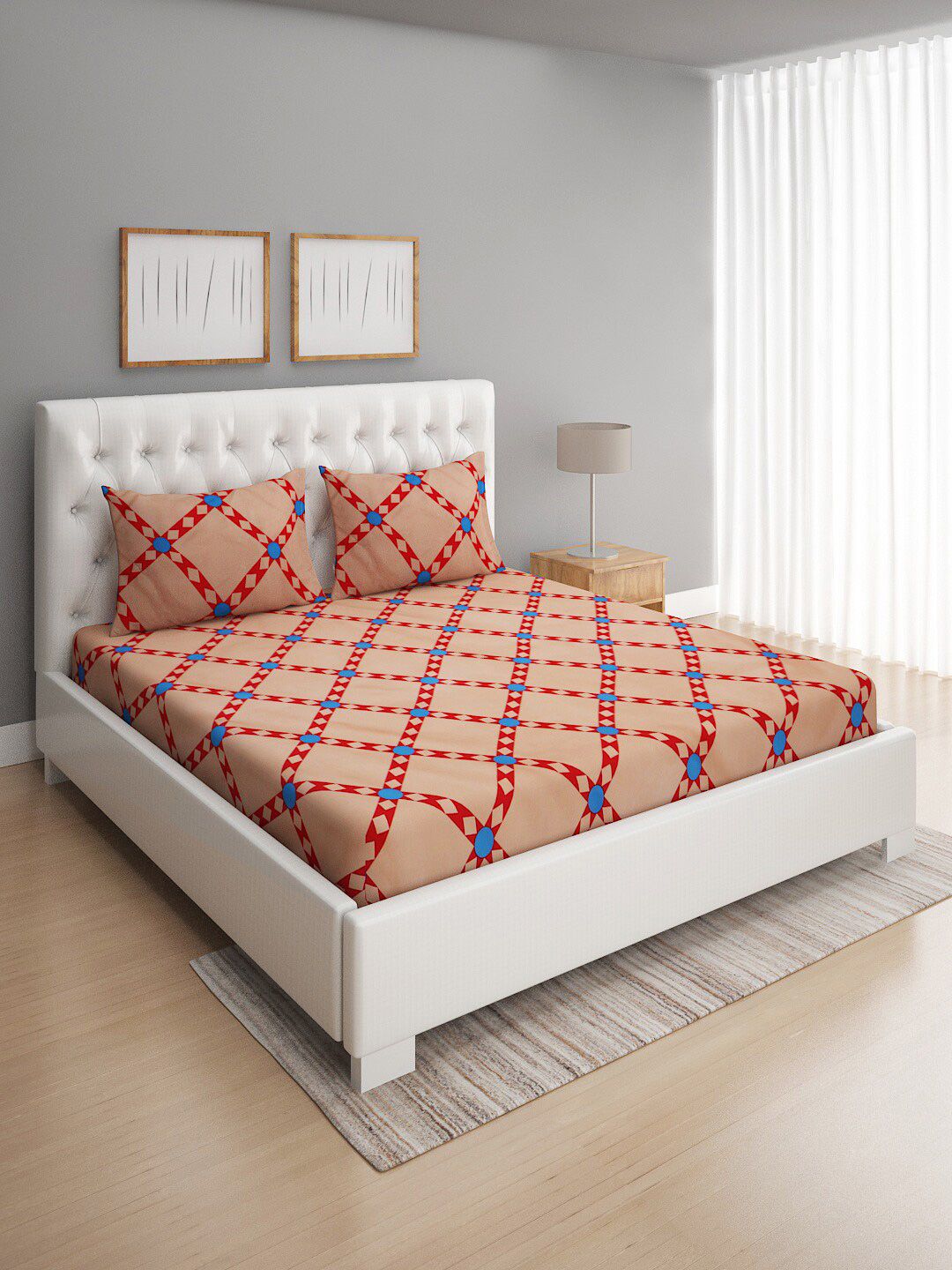 ROMEE Brown & Red Geometric 144 TC Cotton Queen Bedsheet with 2 Pillow Covers Price in India