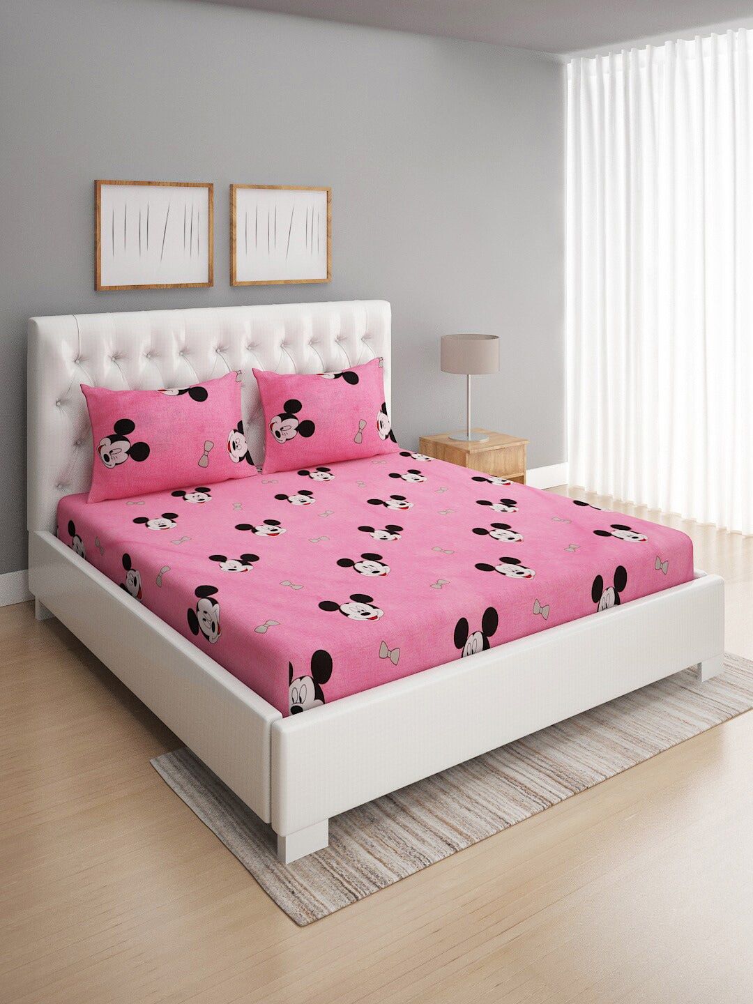 ROMEE Pink & Black Cartoon Characters 144 TC Cotton Queen Bedsheet with 2 Pillow Covers Price in India