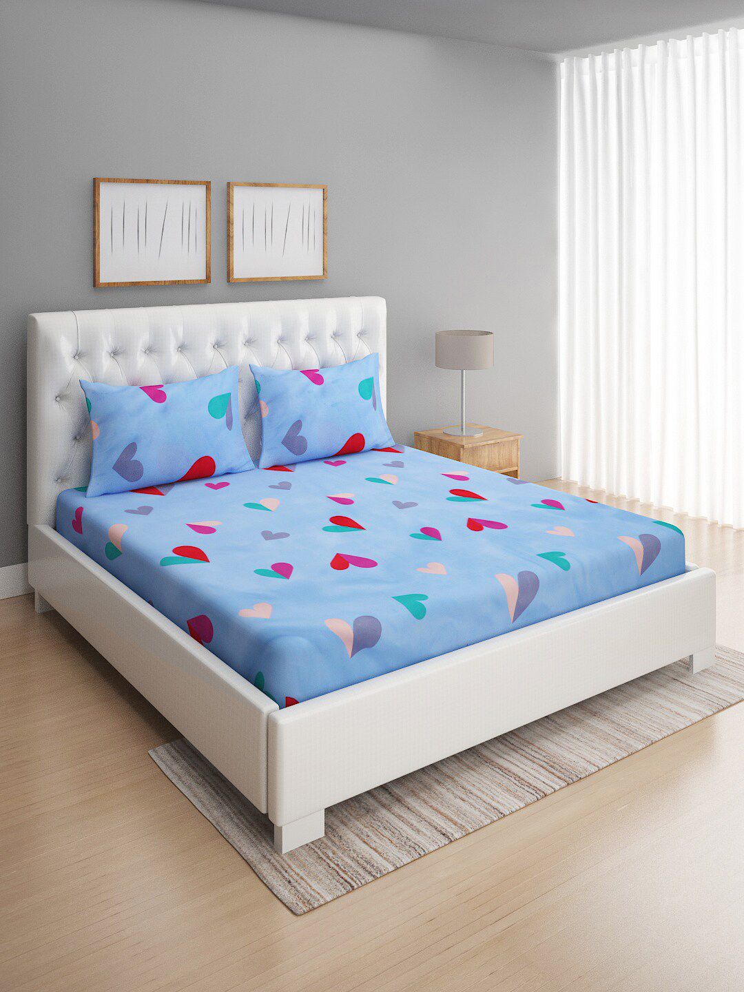 ROMEE Blue & Red 144 TC Cotton Queen Bedsheet with 2 Pillow Covers Price in India