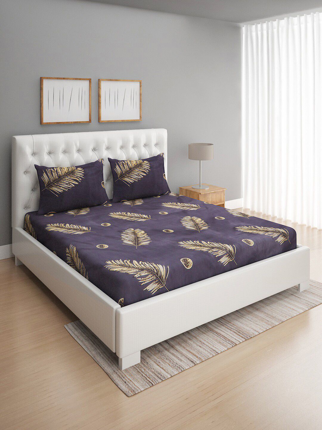 ROMEE Violet & Brown Floral 144 TC Cotton Queen Bedsheet with 2 Pillow Covers Price in India