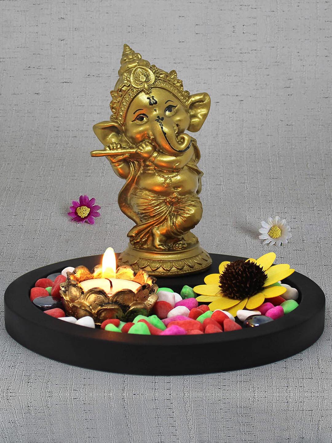 TIED RIBBONS Gold-Toned & Black Ganesha Idol with Tray Stones & Tealight Candle Showpiece Price in India
