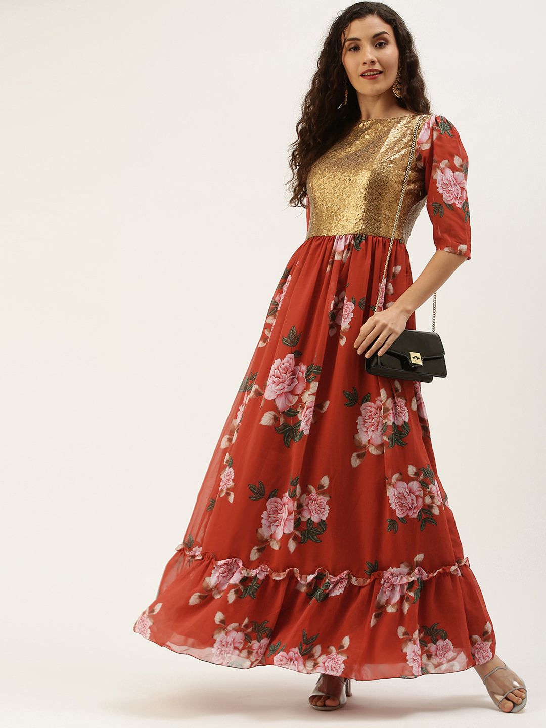 EthnoVogue Orange & Gold-Toned Floral Layered Flared Hem Georgette Maxi Dress Price in India