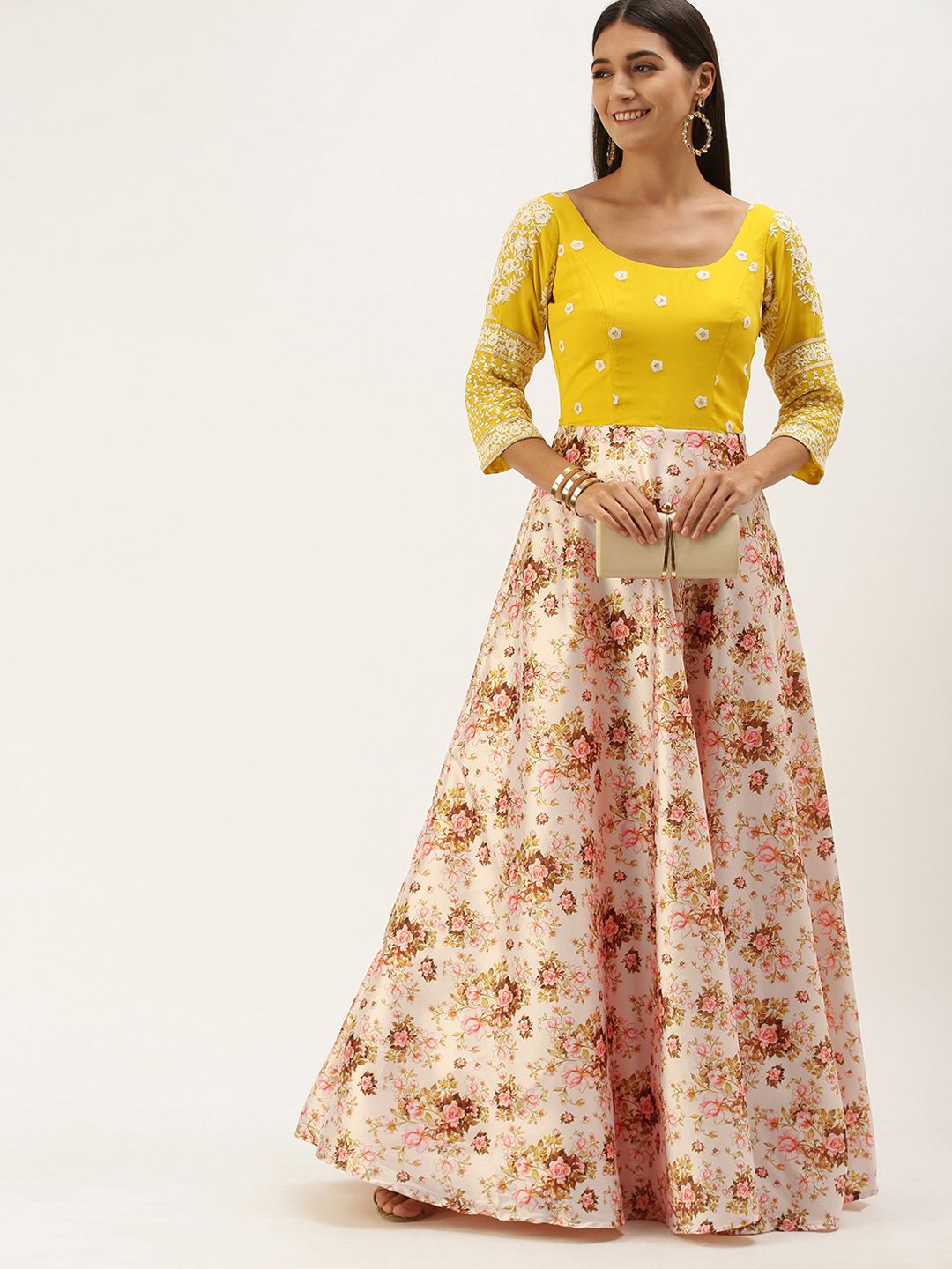 EthnoVogue Pink & Beige Floral Layered Embroidered Maxi Dress Price in India