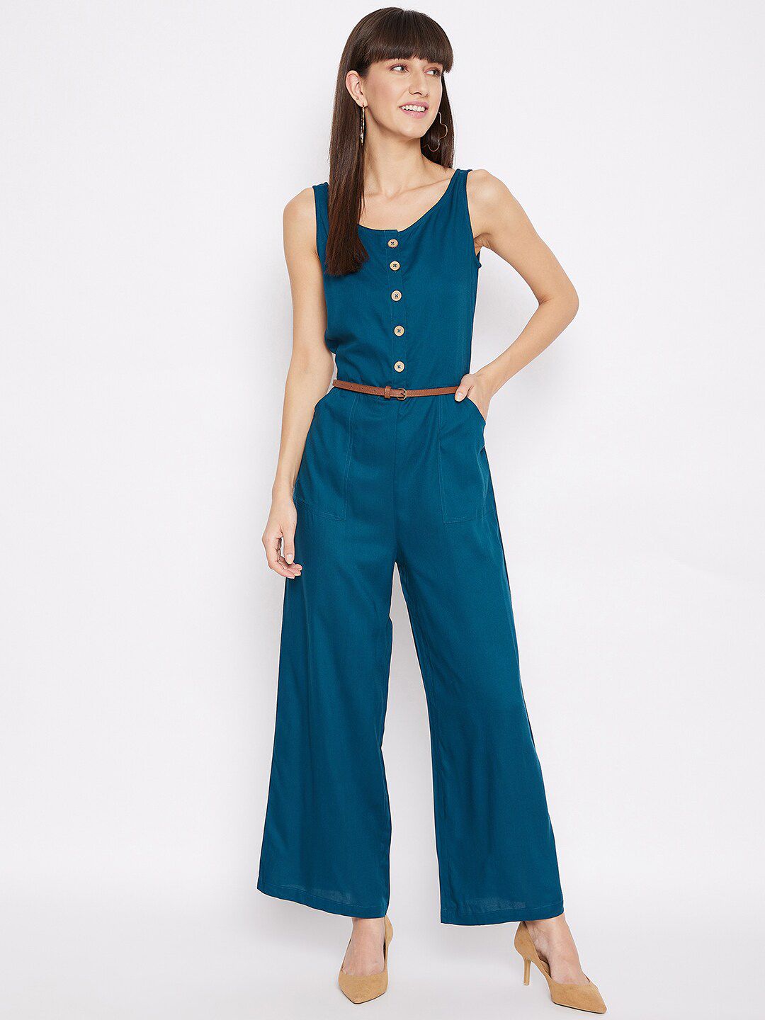 PURYS Women Solid Blue Basic Sleeveless Jumpsuit Price in India