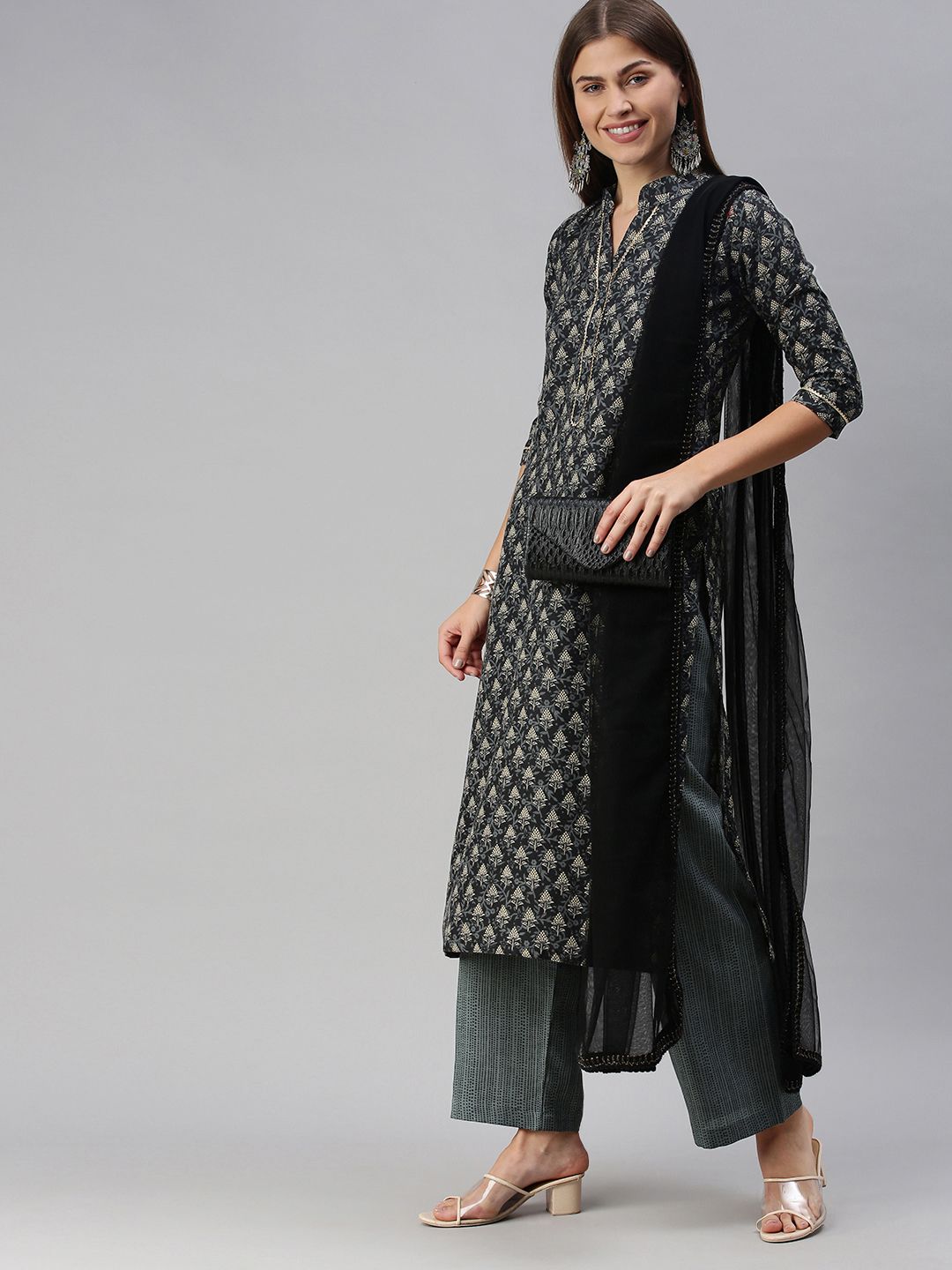 SheWill Charcoal Printed Unstitched Dress Material Price in India