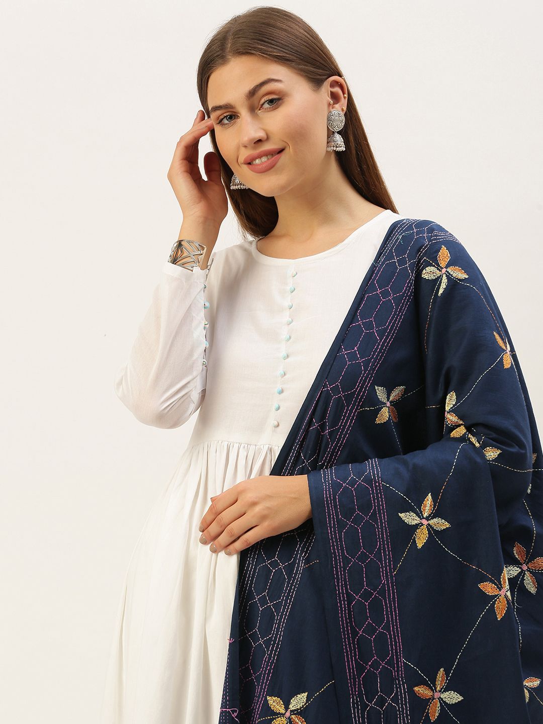 ArtEastri Navy Blue & Yellow Kantha Work Embroidered Pure Cotton Dupatta Price in India