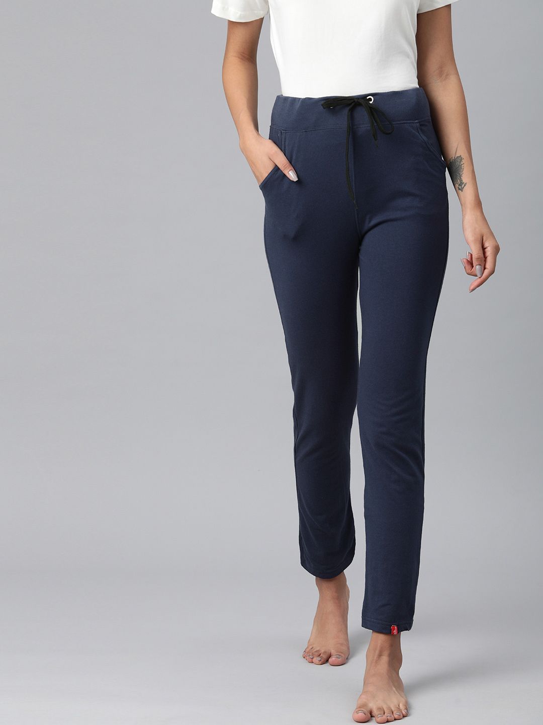 NOT YET by us Women Navy Blue Solid Cropped Cotton Lounge Pants Price in India