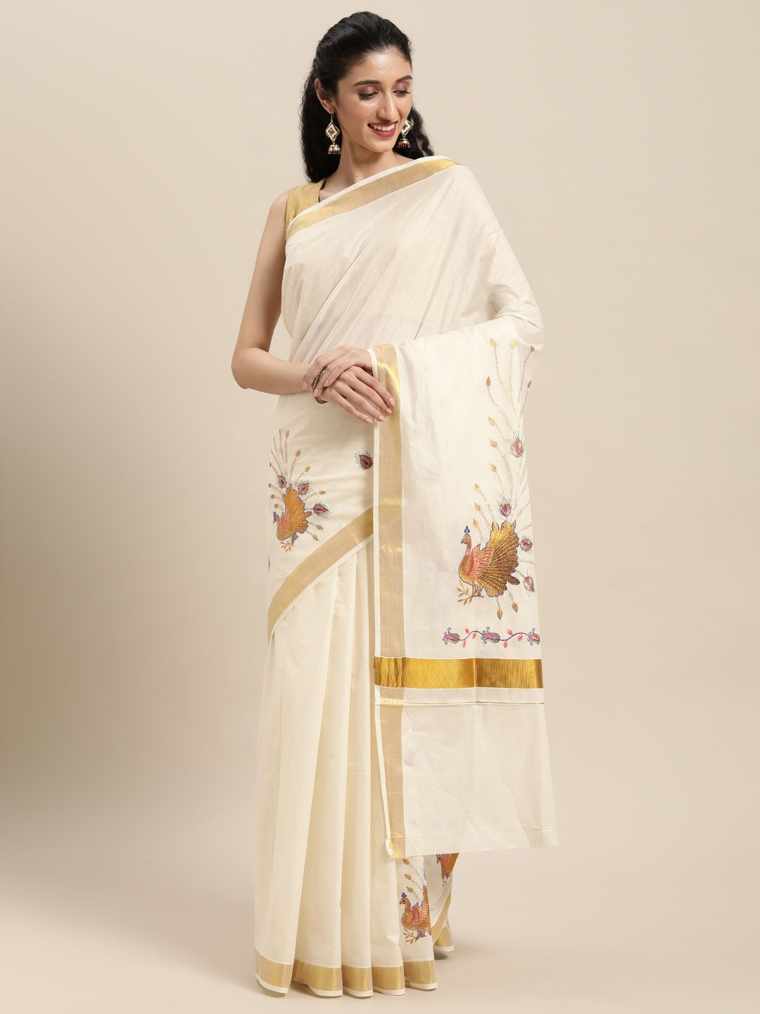 Thara Sarees Off White Ethnic Motifs Pure Cotton Kasavu Saree