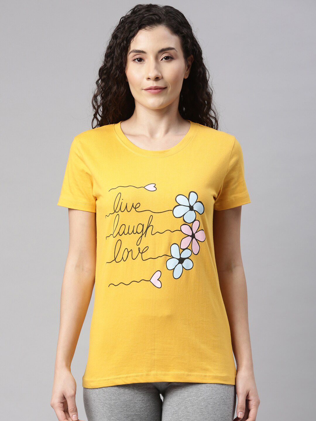 Kryptic Women Mustard-Yellow Printed Pure Cotton Lounge T-Shirt Price in India