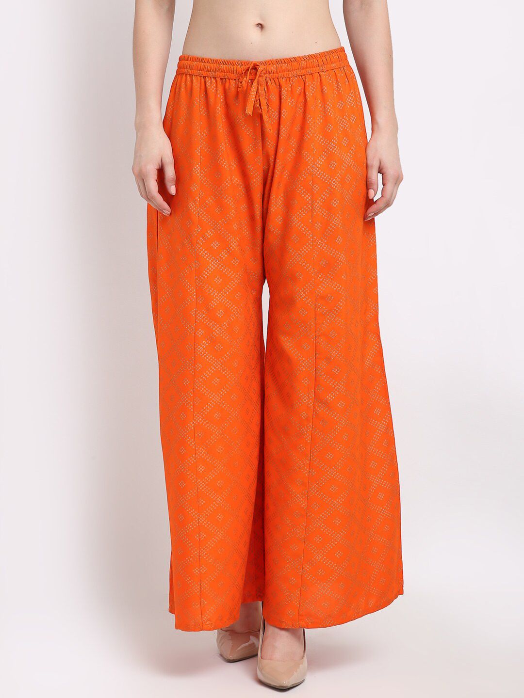 GRACIT Women Orange & Gold-Toned Printed Flared Palazzos Price in India