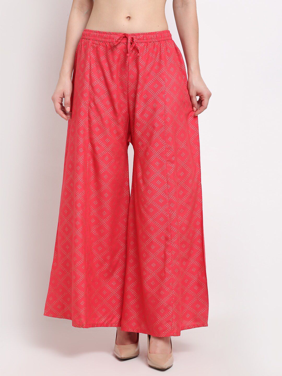 GRACIT Women Red & Silver-Toned Printed Flared Knitted Palazzos Price in India