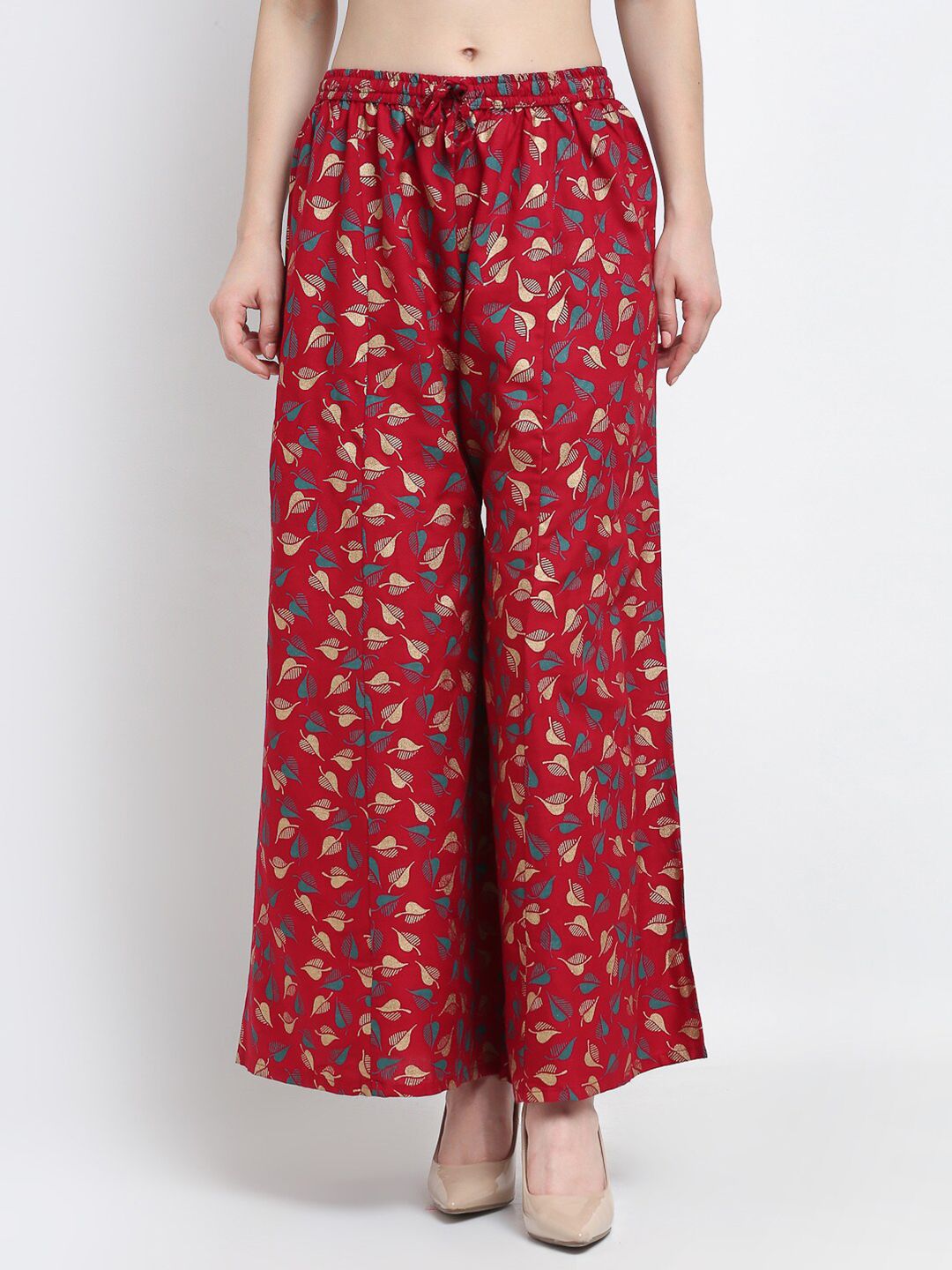 GRACIT Women Maroon & Gold-Toned Printed Flared Knitted Palazzos Price in India