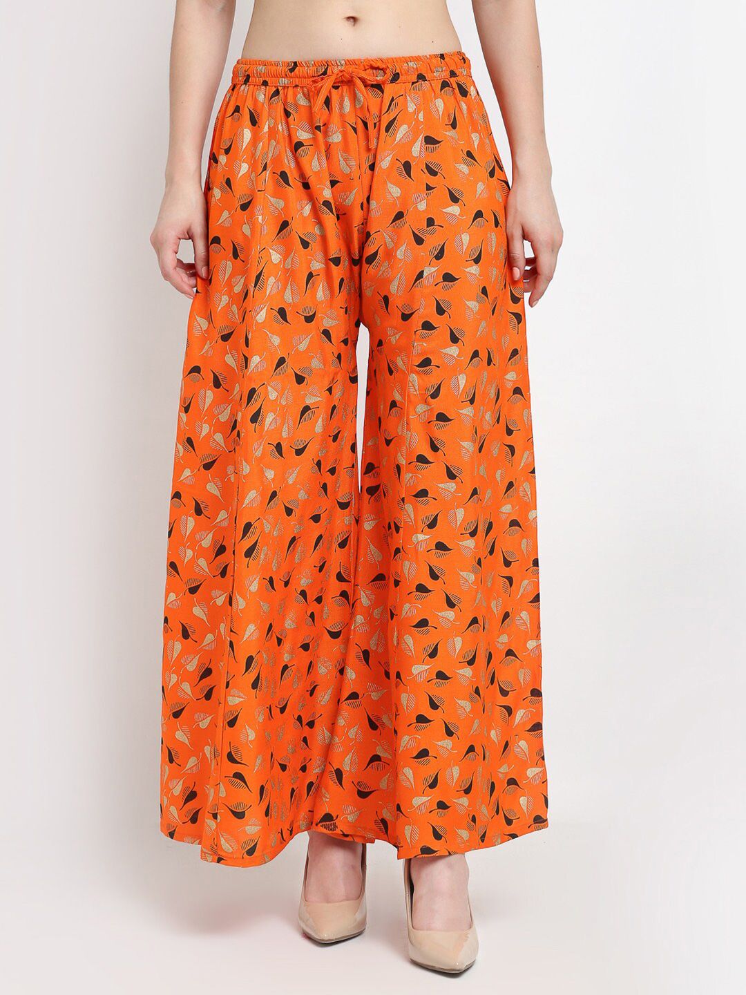 GRACIT Women Orange & Black Printed Flared Knitted Ethnic Palazzos Price in India