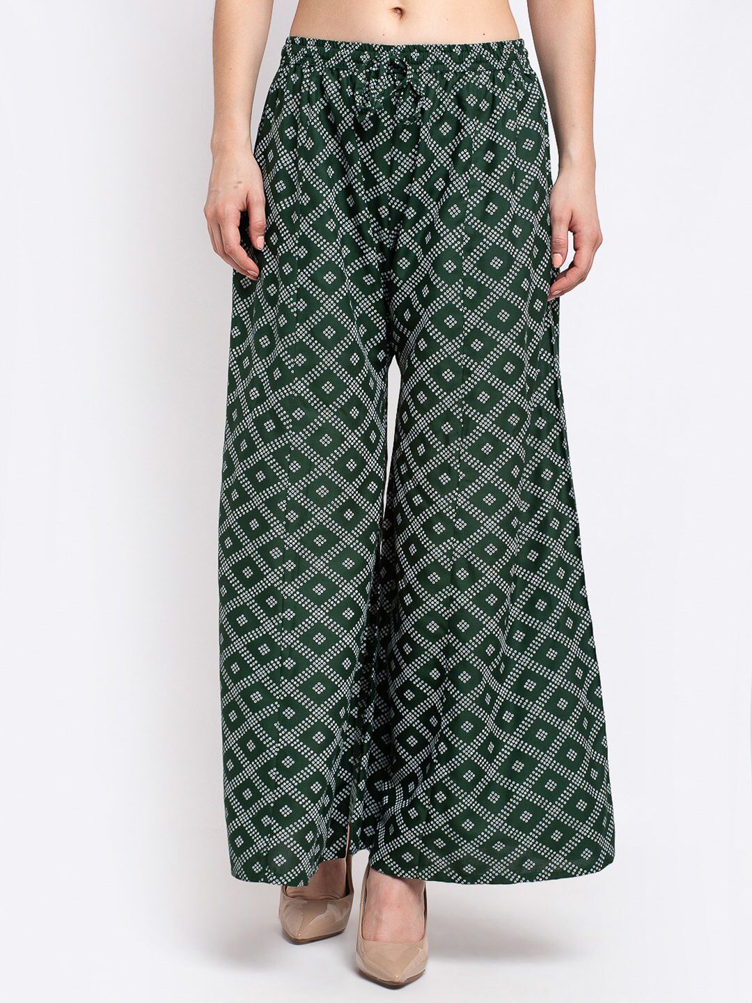 GRACIT Women Green & White Printed Flared Palazzos Price in India